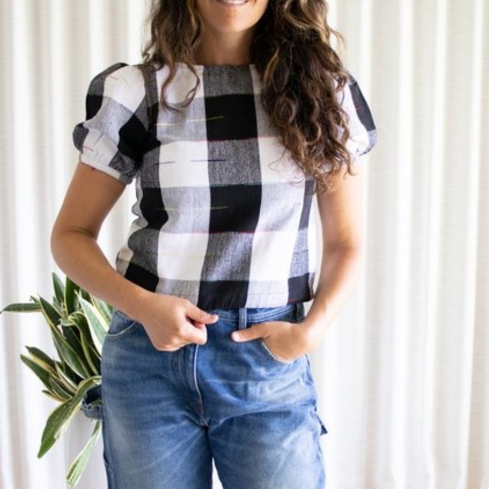 The Odells Checkered plaid Puff Sleeve Blouse - Black and White - Picture 2 of 7
